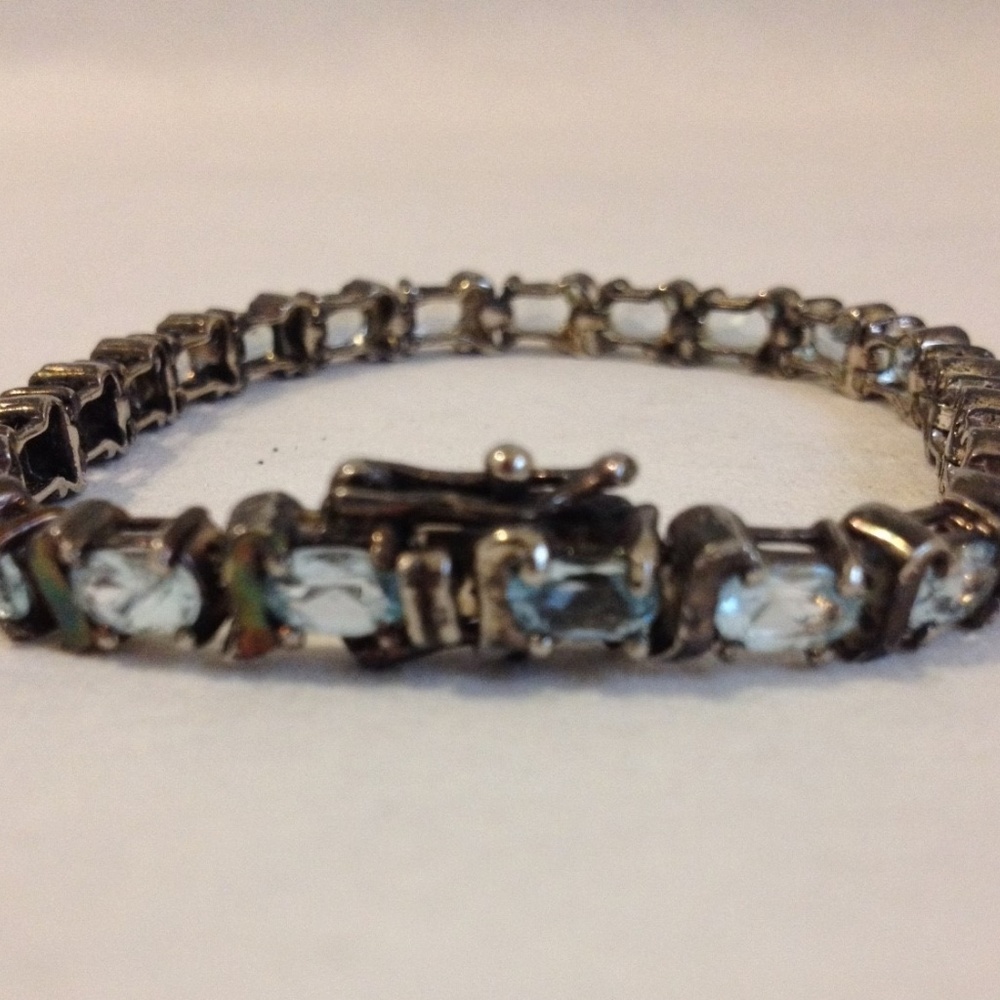 Silver Tennis Bracelet Link Blue Oval Faceted Gemstones Topaz? Vintage Jewelry - Picture 3 of 9